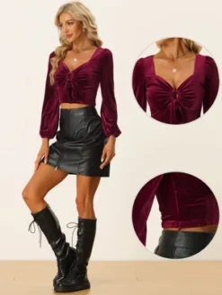 Allegra K O-Ring Cut Out Tops For Women's Sweetheart Neck Long Sleeve Crop Velvet Blouse Top