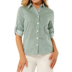 Allegra K Women's Striped Button Down Roll-up Long Sleeves Point Collar Shirt -Allegra K GUEST 5141944a f6cb 4d68 ae9f b8f28d8edf2c