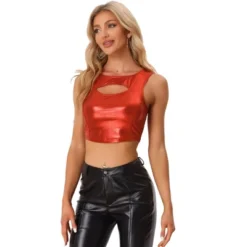Allegra K Women's Metallic Crop Shiny Sleeveless Cut Out Party Clubwear Holographic Tank Tops -Allegra K GUEST 51d877a1 dc89 4395 8eec 824609721523