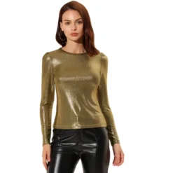 Allegra K Women's Long Sleeve Sparkly Party Glitter Shiny Metallic Tops -Allegra K GUEST 5261e914 3aa9 4ce4 aa34 efa622fcfa33