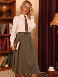 Allegra K Women's Vintage Checked High Waist Belted A-Line Plaid Skirt