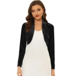 Allegra K Women's Long Sleeve Cocktail Party Open Front Cropped Velvet Bolero Shrugs