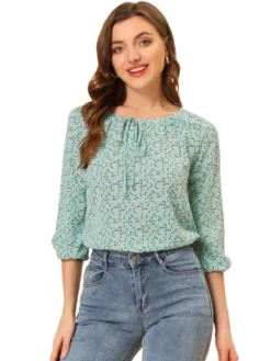 Allegra K Women's Bow Tie Round Neck 3/4 Raglan Sleeve Floral Blouse Tops -Allegra K GUEST 529b50f7 12d4 447e 9be2 bd1ee97dc80b