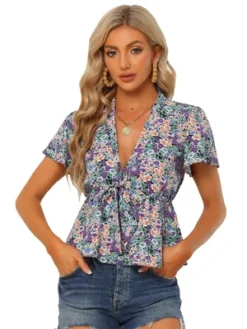 Allegra K Women's Floral Tie Front Blouse Deep V Neck Ruffle Hem Short Sleeve Tops -Allegra K GUEST 52a02852 e4af 4639 9244 37e998bf2e05