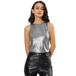 Allegra K Women's Party Shiny Sleeveless Club Metallic Tank Top -Allegra K GUEST 52b7d259 a5ab 4e13 a89a b8fea1c6d836