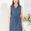Allegra K Women's Collar Button Down Tie Waist Above Knee Chambray Shirt Dress