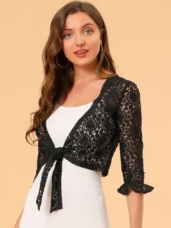 Allegra K Women's Elegant Ruffled Sleeve Tie Front Lace Bolero Shrug Top
