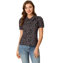 Allegra K Women's Puff Sleeves Point Collar Button Down Floral Shirts -Allegra K GUEST 53859618 3dd6 47e9 9a29 d7ef132c27da