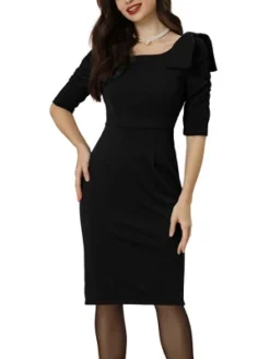 Allegra K Pencil Dress For Women's Business Casual Square Neck 3/4 Sleeve Bodycon Bow Ruffle Dress -Allegra K GUEST 5389fc90 4d4f 449c 8b03 ca21362ff496