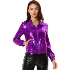 Allegra K Women's Track Holographic Shiny Long Sleeve Metallic Zip Front Jacket -Allegra K GUEST 53b1af58 2b68 4771 8111 5f7884dede3b