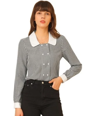 Allegra K Women's Contrast Peter Pan Collar Blouse Gingham Long Sleeve Button Front Shirt 7 Allegra K Women's Contrast Peter Pan Collar Blouse Gingham Long Sleeve Button Front Shirt - Image 7