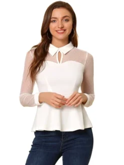 Allegra K Women's Mesh Sheer Long Sleeve Blouse Turn Down Collar Keyhole Peplum Top -Allegra K GUEST 54594d99 72de 404a 9044 ea6ae868be51