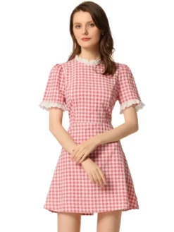 Allegra K Women's Summer Ruffle Neck Lace Panel Short Sleeve Check Gingham Dress -Allegra K GUEST 5460f372 3ca8 43ea a9b7 a69b50a80917