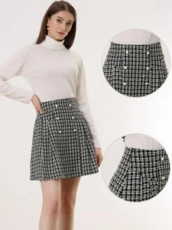 Allegra K Women's Plaid Tweed Elegant High Waist A-Line Button Front Mini Skirt