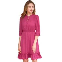 Allegra K Women's Ruffle Hem 3/4 Sleeve A-Line Smocked Short Chiffon Dress -Allegra K GUEST 54ac2da0 018a 48db 8cbc 5f0122abab52