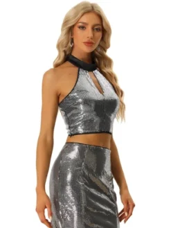 Allegra K Sequin Crop Top For Women's Halter Neck Cutout Shiny Party Top -Allegra K GUEST 55759312 b70f 4a40 8e37 70201cdc5bd7
