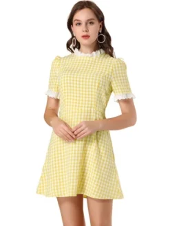 Allegra K Women's Summer Ruffle Neck Lace Panel Short Sleeve Check Gingham Dress -Allegra K GUEST 557ad463 58a8 4437 a2d6 6b516759e754
