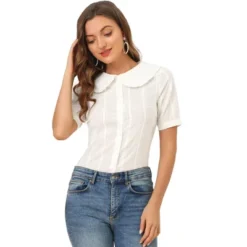 Allegra K Women's Peter Pan Collar Swiss Dots Short Sleeves Button Front Shirt -Allegra K GUEST 55b06093 0f77 4eec 907d e692c605c5e7