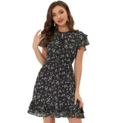Allegra K Women's Ruffle Sleeve Self-Tie V Neck Above Knee Ruffled A-Line Floral Chiffon Dress -Allegra K GUEST 55f9e4f2 9377 4203 97c0 b222268a8120