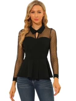 Allegra K Women's Mesh Sheer Long Sleeve Blouse Turn Down Collar Keyhole Peplum Top -Allegra K GUEST 560b53a3 51d6 4621 9e34 e95b06b60d27