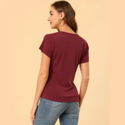 Allegra K Women's Wrap V Neck Short Sleeve Button Decor Ruched Blouses 4 Allegra K Women's Wrap V Neck Short Sleeve Button Decor Ruched Blouses - Image 4