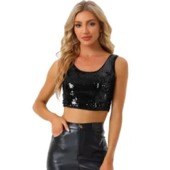Allegra K Women's Metallic Sequin Sparkle Sleeveless Party Crop Tank Top -Allegra K GUEST 56904cae 0676 4441 957e 00705a28179a