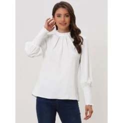 Allegra K Women's Long Sleeve Mock Neck Pleated Solid Chiffon Work Shirt -Allegra K GUEST 56ce1f15 582f 4f3c b743 9cbf5ad6d29a