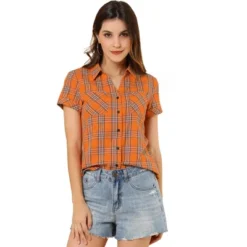 Allegra K Women's Point Collar Short Sleeve Button Down Plaid Shirt -Allegra K GUEST 570f1e03 96c9 4652 95a7 461db738bce3