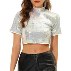 Allegra K Women's Halloween Sequin Crop Sparkle Glitter Short Sleeve Shinning T Shirt -Allegra K GUEST 575d89df ded3 4711 9616 7a6cbcbabcc0
