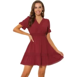 Allegra K Women's V Neck Smocked Elastic Waist Short Sleeve Boho Crochet Trim Mini Dress -Allegra K GUEST 57816de4 6de8 4cd8 95fa 05c411bf9150