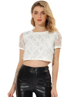 Allegra K Women's Sequin Shiny Glitter Crop Short Sleeves Tassel T-Shirt -Allegra K GUEST 58265bae 4012 42bc 95a9 0379df4bc56a