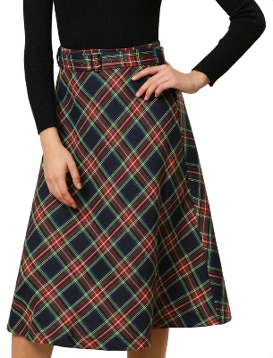 Allegra K Women's Tartan Plaid High Waist Belted Vintage A-Line Midi Skirt 6 Allegra K Women's Tartan Plaid High Waist Belted Vintage A-Line Midi Skirt - Image 6