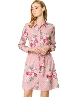Allegra K Women's Lapel Button Down Belted Above Knee Vintage Polka Dots Floral Shirt Dress -Allegra K GUEST 58a0d364 b00a 4e36 8730 8e25c6dded81