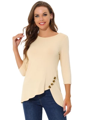 Allegra K Women's 3/4 Sleeve Round Neck Button Decor Casual Stretchy Tunic Tops 17 Allegra K Women's 3/4 Sleeve Round Neck Button Decor Casual Stretchy Tunic Tops - Image 17