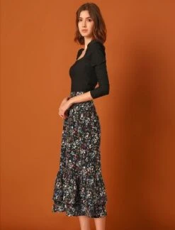 Allegra K Women's Chiffon Elastic Waist Ruffle Tiered Flowy Midi Printed Skirts -Allegra K GUEST 59e15d7c a824 4d14 8c00 c48c498b1d2c