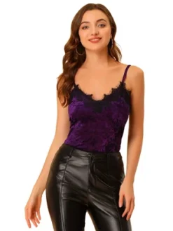 Allegra K Women's Velvet Lace Trim Velour Cami Tank Spaghetti Strap Top -Allegra K GUEST 5a993e91 8b1a 46bc 9d2b 72e52a1bb9d2