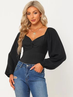 Allegra K Women's Sweetheart V Neck Puff Long Sleeve Bodysuits