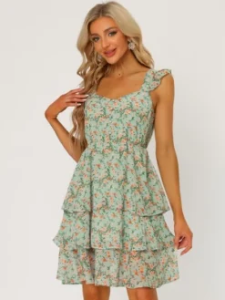 Allegra K Women's Floral Tie Back Sweetheart Ruffle Layered Sleeveless Mini Summer Dress