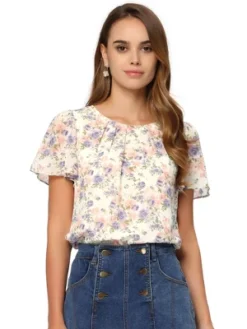 Allegra K Women's Flutter Sleeve Pleated Neckline Casual Chiffon Floral Blouse -Allegra K GUEST 5b9d550b 5e47 4b00 b9d5 095e9d5eafd7