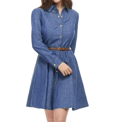 Allegra K Women's Button Down Belted Pleated Flare A-line Denim Shirt Dress 1 Allegra K Women's Button Down Belted Pleated Flare A-line Denim Shirt Dress