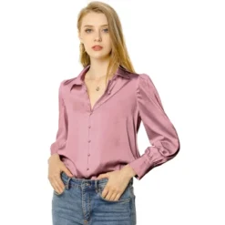 Allegra K Women's Satin Puff Sleeve Point Collar Vintage Button Up Shirt -Allegra K GUEST 5bf92e86 5815 4c23 bb83 49733300460f