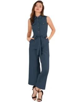 Allegra K Women's Button Down Collared Wide Leg Tie Sleeveless Jumpsuits -Allegra K GUEST 5c3bbdee c62d 4185 9e3e eb74b419a5de