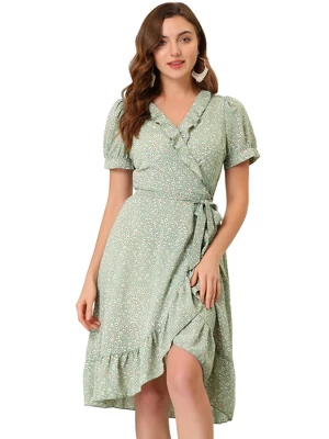 Allegra K Women's Floral Ruffle V Neck Tie Short Sleeve Wrap Midi Dresses 6 Allegra K Women's Floral Ruffle V Neck Tie Short Sleeve Wrap Midi Dresses - Image 6