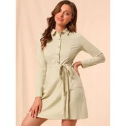 Allegra K Women's Half Placket Long Sleeve Casual Shirt Dress With Belt