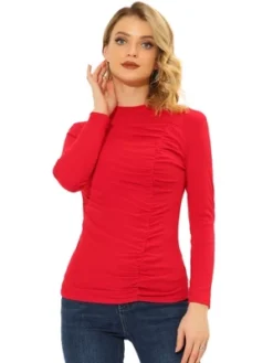 Allegra K Women's Long Sleeve High Neck Blouse Ruched Front Fitted Blouse Top -Allegra K GUEST 5d059658 fdb7 4455 9d96 b667bd7de1c1