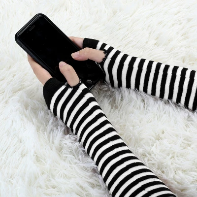Allegra K Women's Decor Stripe Pattern Elastic Fingerless Arm Warmer Gloves 1 Pair 2 Allegra K Women's Decor Stripe Pattern Elastic Fingerless Arm Warmer Gloves 1 Pair - Image 2