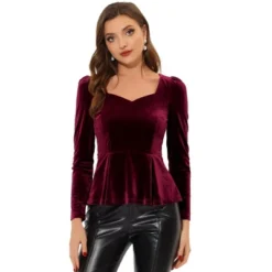 Allegra K Women's Elegant Sweetheart Neck Long Sleeve Velvet Blouse Peplum Top -Allegra K GUEST 5d28c832 2189 405a 9f00 f5629752b56f