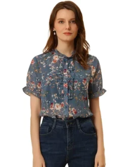 Allegra K Women's Floral Chiffon Ruffle Neck Puff Sleeve Semi-Sheer Button Down Blouse -Allegra K GUEST 5d3fd71e 53f3 44d1 a689 3ec55175f3e5