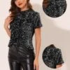 Allegra K Women's Sequin Velvet Crew Neck Short Sleeve T-shirt