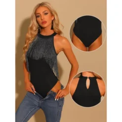 Allegra K Women's Party Neck Fringe Trim Sleeveless Halter Bodysuit